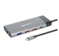 MANHATTAN Dokovací stanice USB-C 10v1, 2xHDMI, 2xUSB-C, 5xUSB, 1xRJ45, šedá