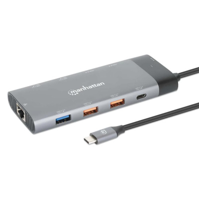 MANHATTAN Dokovací stanice USB-C 10v1, 2xHDMI, 2xUSB-C, 5xUSB, 1xRJ45, šedá