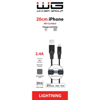 WG - Datový kabel Lightning MFi na USB-A, 20 cm, 2.4A, černá