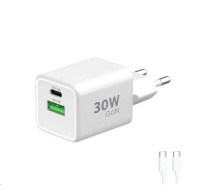 WG - Síťová nabíječka GaN 2x USB 30W, 1x USB-C PD3.0 PPS QC4 30W + USB-A 18W, kabel Type-C na Type-C, bílá