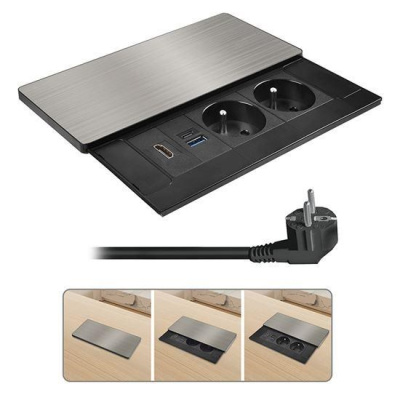 Solight vestavný blok zásuvek s posuvným krytem, 2 zásuvky, HDMI, USB A+C 20W PD, 2m, stříbrný