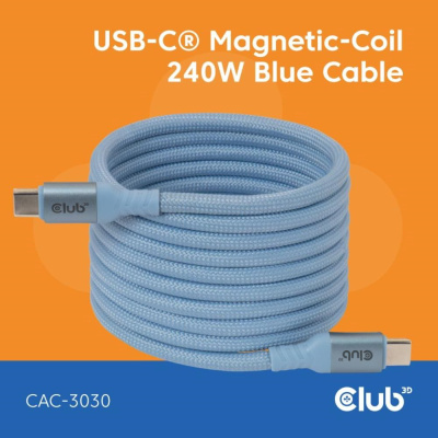 Club3D Kabel magnetický USB-C, 240W PD3.1, 480 Mbps, 2m, modrá