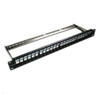 XtendLan Patch panel 19", 24 portů, neosazený, stíněný, černý, Cat5e/6/6A/7, odnimatelný  vyvazovák