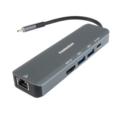 PREMIUMCORD Adaptér USB-C na Gigabit 10/100/1000Mbps + 1x HDMI, 2x USB3.2, 1x PD 100W konektor, Šedá