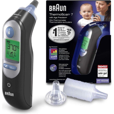 Braun IRT 6520 ThermoScan 7 bezdotykový teploměr, digitální, ušní, paměť na 9 měření, černá