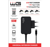 WG - Univerzální nabíječka 65W pro notebook s Type-C konektorem, + 4 adaptéry, kabel 1,8 metrů