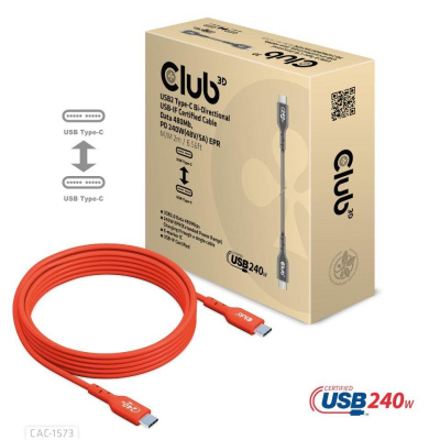 Club3D kabel USB-C, Oboustranný USB-IF Certifikovaný data kabel, Data 480Mb,PD 240W(48V/5A) EPR M/M 2m