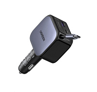 UGREEN rychlonabíječka do auta se zatahovacím kabelem 60W 3-Port, 2x USB-C,1x USB-A, GaN, stříbrná