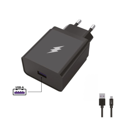 WG - Síťová nabíječka 1x USB-A 22,5W, SuperCharge, 5V-9V-12V, + kabel USB-A na Type-C (5A), černá