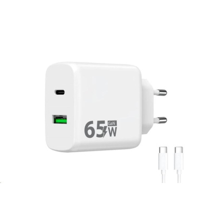 WG - Síťová nabíječka GaN 2x USB 65W, 1x USB-C PD 65W + 1x USB-A QC 3.0 18W, kabel Type-C na Type-C, bílá