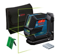 Bosch GLL 2-15 G čárový laser, pracovní dosah až 15 m, přesnost +/-0,3 mm/m, 4× baterie 1,5 V LR6 (AA)