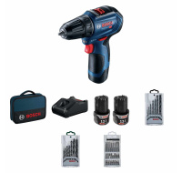 BOSCH GSR 12V-30, akumulátorový vrtací šroubovák, 0 – 420 / 0 – 1.600 ot/min, 8 mm, sada bitů a vrtáků, brašna