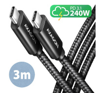 AXAGON BUCM2-CM30AB, CHARGE kabel USB-C <-> USB-C, 3m, Hi-Speed USB, PD 240W 5A, ALU, oplet, černý