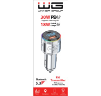 WG - Nabíječka do auta, Transmitter FM, USB-A QC 3.0 18W + USB-C PD 30W, stříbrná