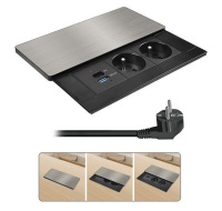 Solight vestavný blok zásuvek s posuvným krytem, 2 zásuvky, USB A+C 65W PD, 2m, stříbrný